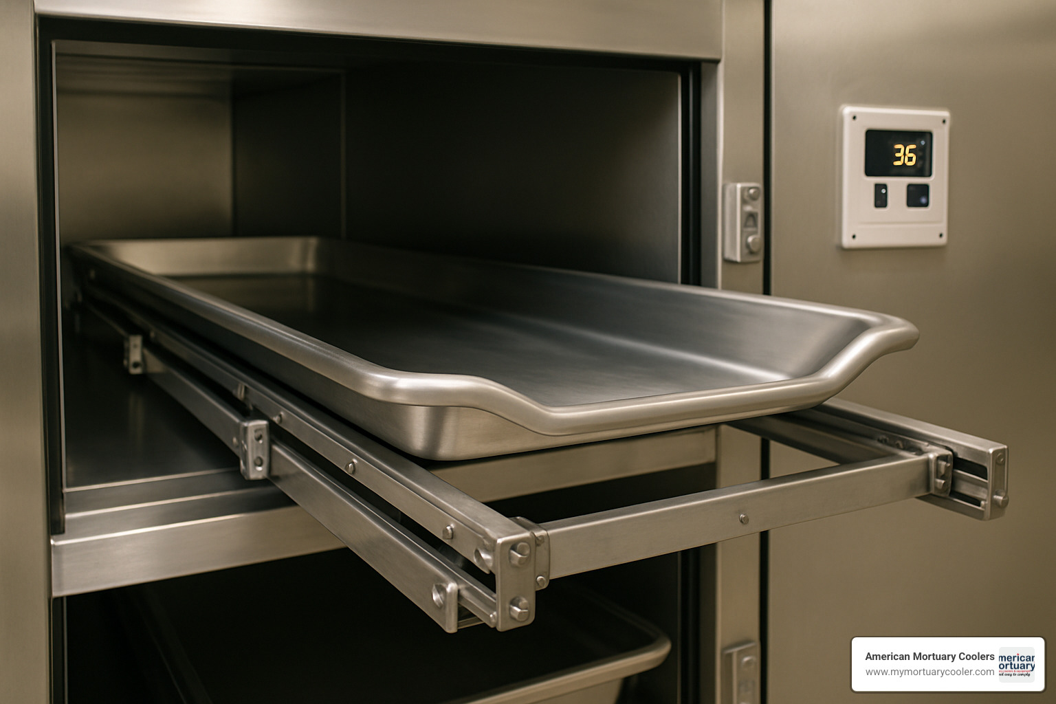 telescoping rail system in mortuary cooler - embalming room coolers
