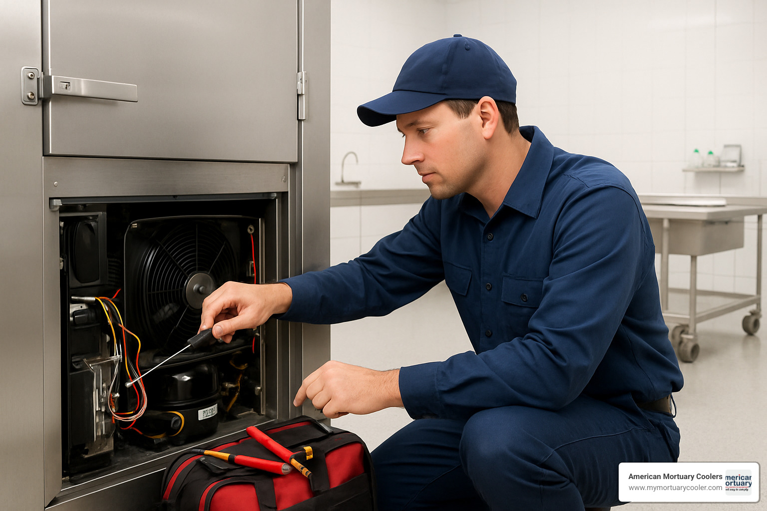 technician servicing mortuary cooler - embalming room coolers