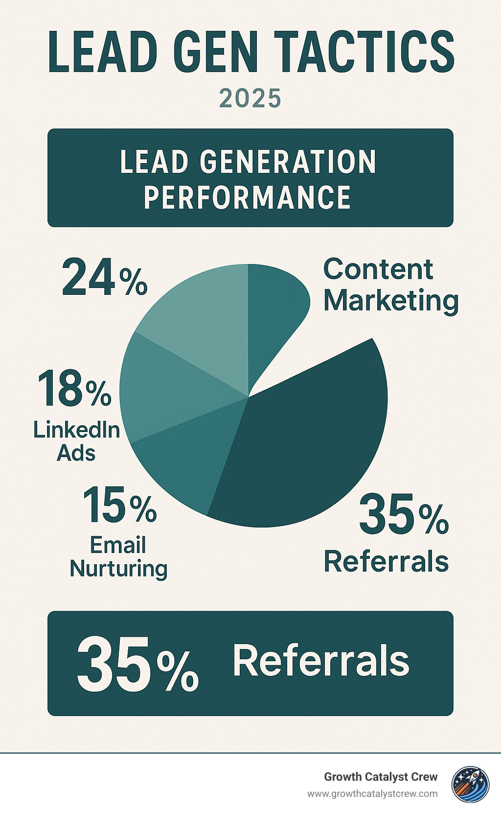 Modern lead generation dashboard showing various tactics performance: content marketing at 24% conversion, LinkedIn ads at 18%, email nurturing at 15%, webinars at 12%, and referrals at 35% conversion rates - lead gen tactics infographic