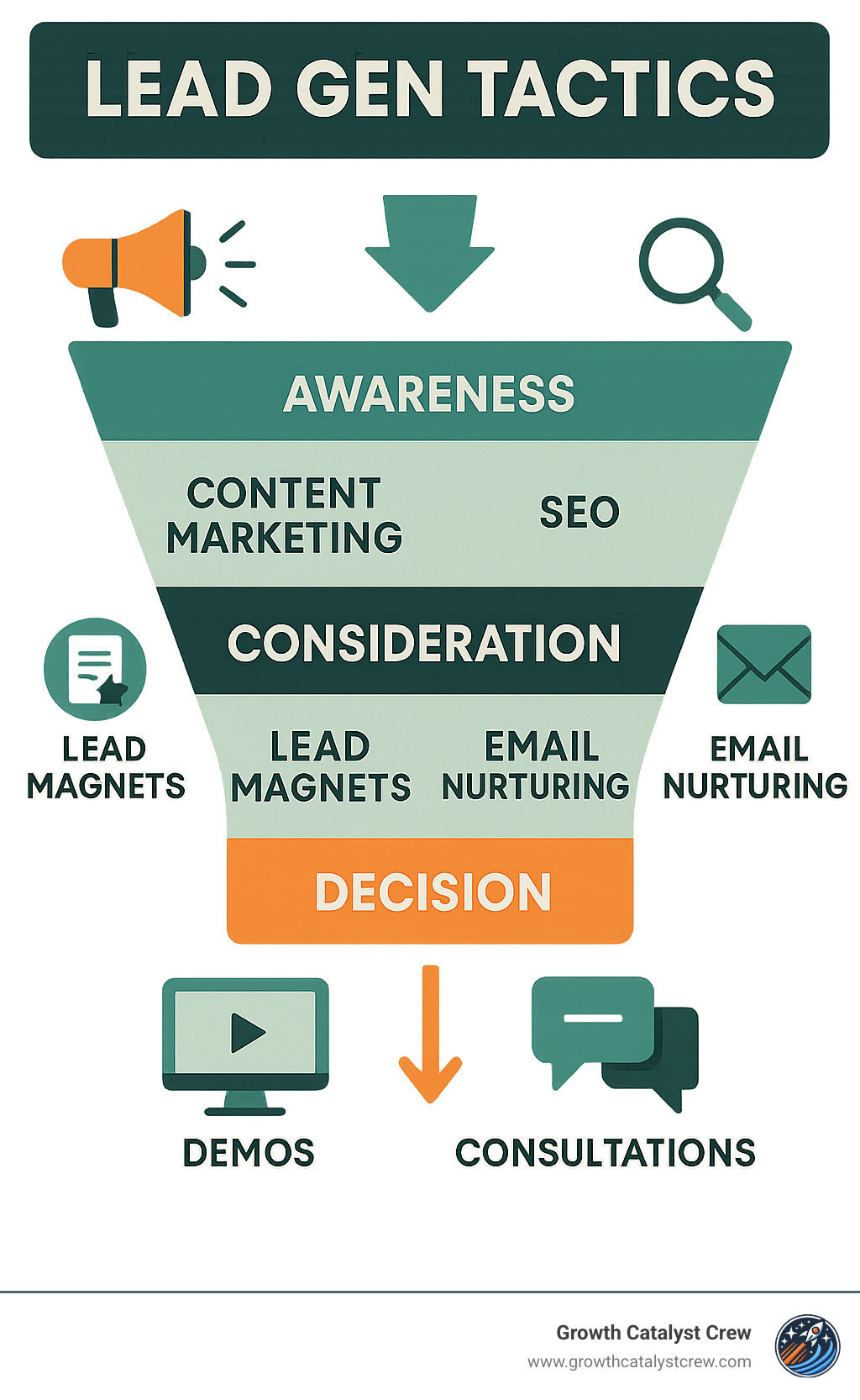 Comprehensive lead generation funnel showing awareness stage with content marketing and SEO, consideration stage with lead magnets and email nurturing, and decision stage with demos and consultations, connected by arrows indicating prospect flow - lead gen tactics infographic