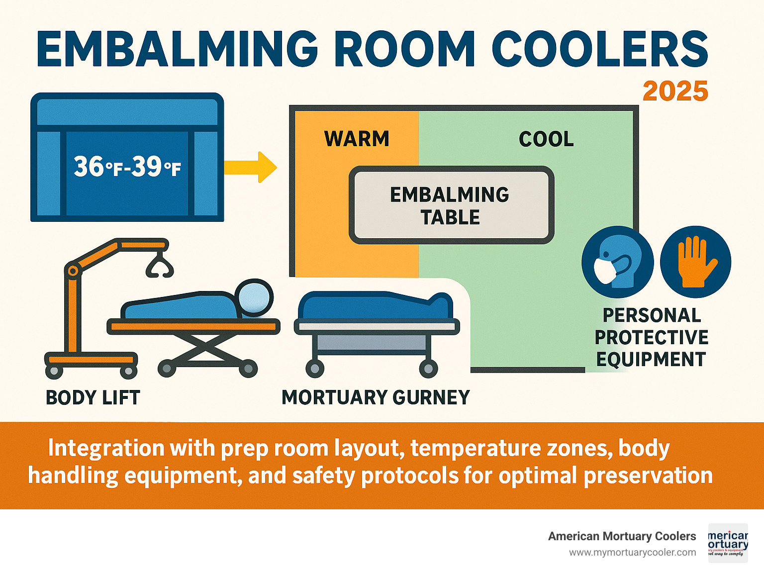 Comprehensive workflow diagram showing embalming room cooler integration with prep room layout, temperature zones, body handling equipment, and safety protocols for optimal preservation and dignified care - embalming room coolers infographic 