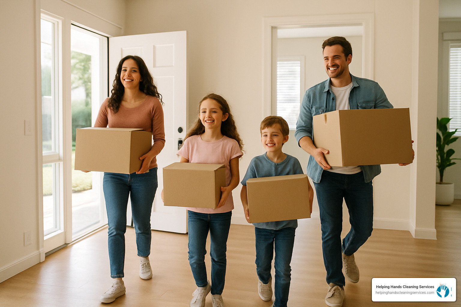 Happy family walking into their spotless new home - Move in house cleaning