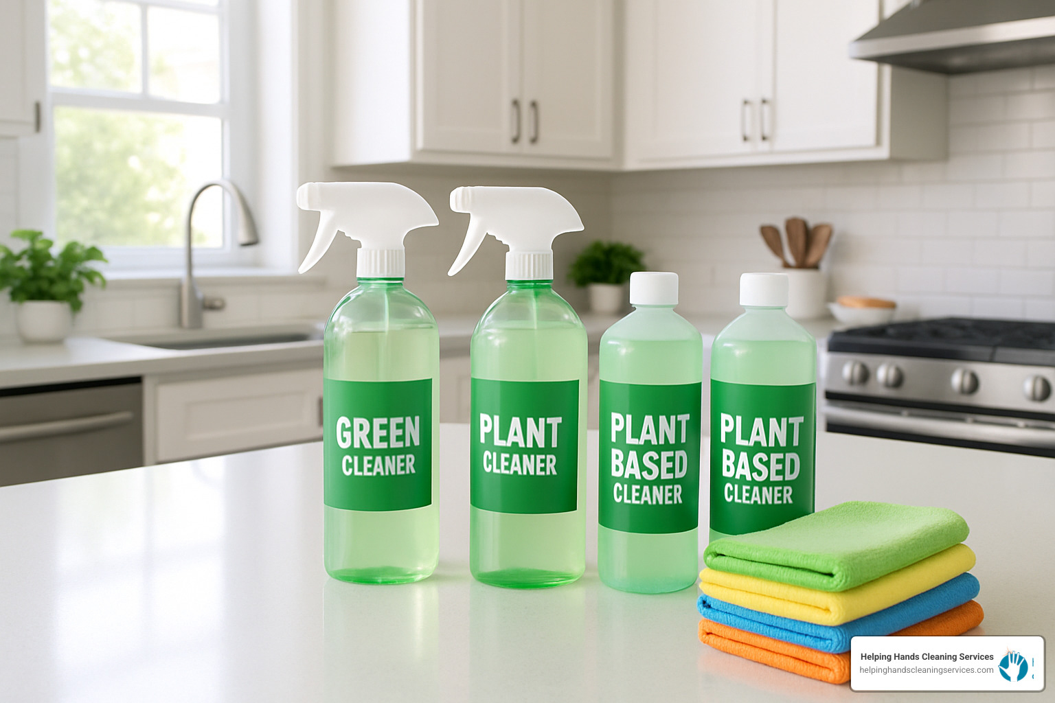 Green cleaning supplies and microfiber cloths arranged on counter - Move in house cleaning