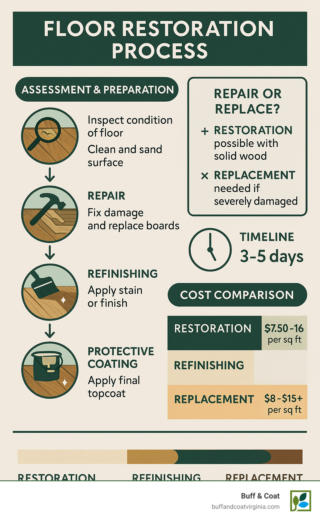 Comprehensive infographic showing the complete floor restoration process from initial assessment through final protective coating, including decision points for repair vs replacement, timeline expectations, and cost comparisons between restoration, refinishing, and full replacement options - floor restoration infographic Comprehensive infographic showing the complete floor restoration process from initial assessment through final protective coating, including decision points for repair vs replacement, timeline expectations, and cost comparisons between restoration, refinishing, and full replacement options - floor restoration infographic