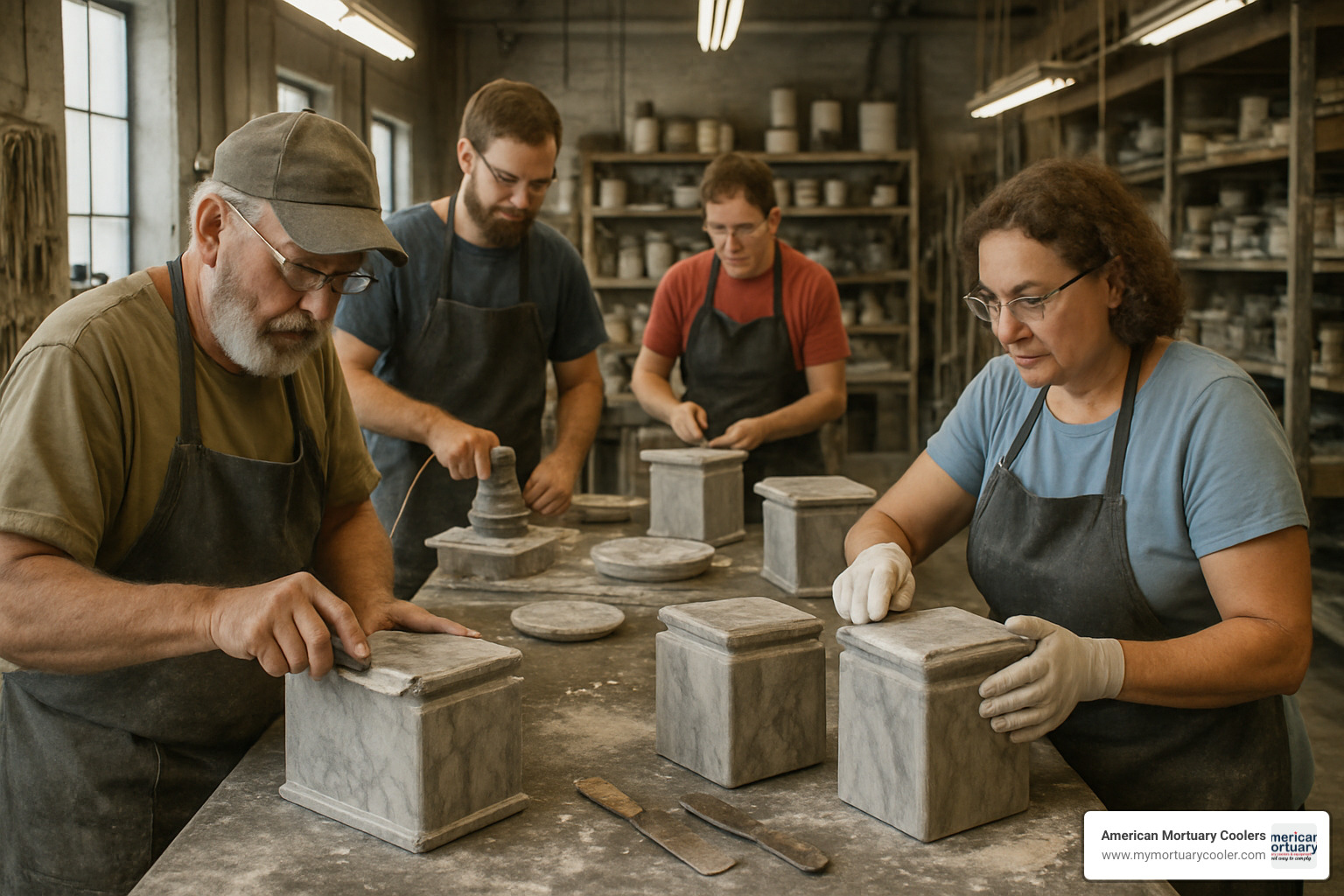 artisans crafting cultured marble urns - crescent memorial urns