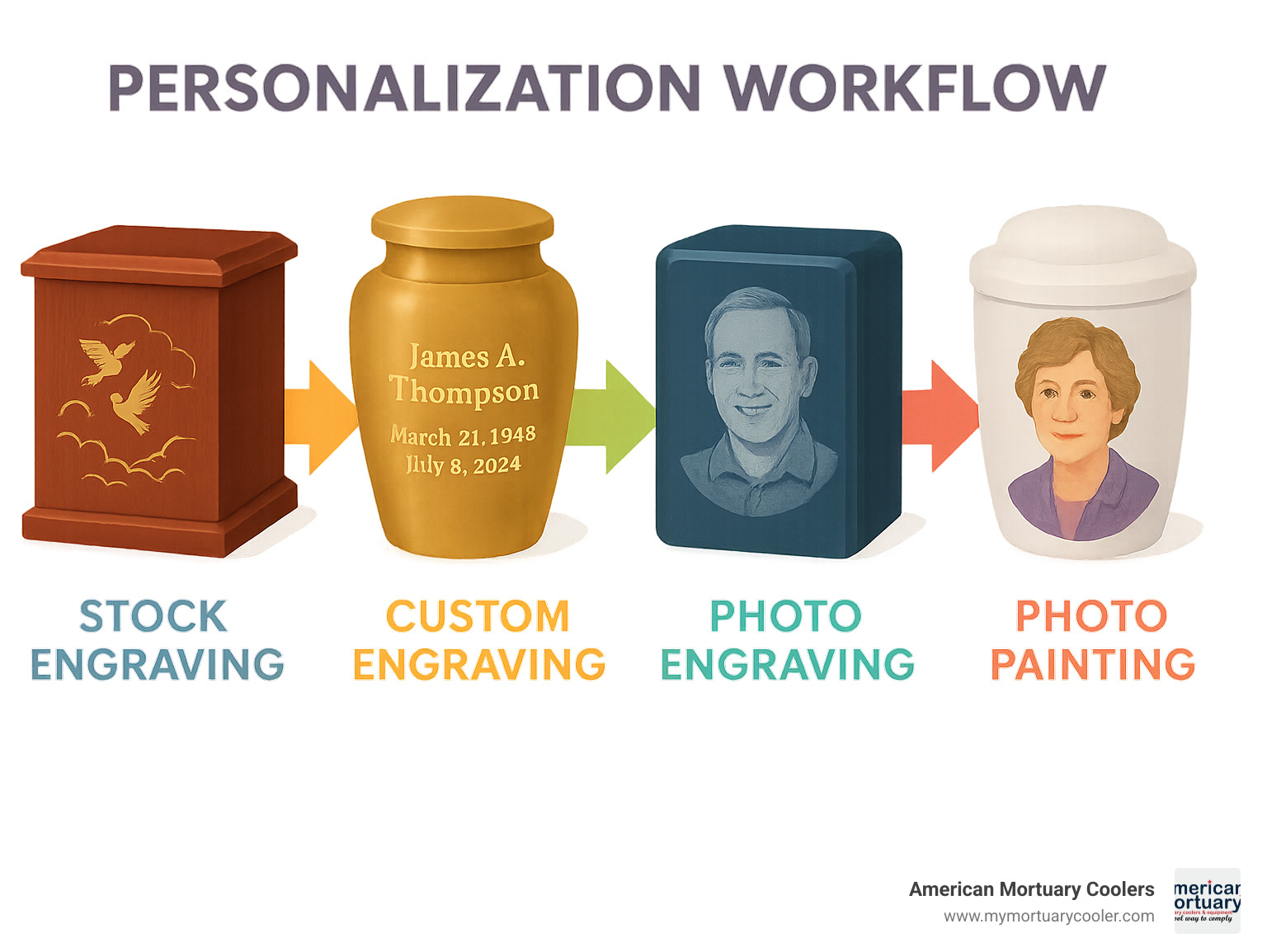 personalization workflow showing four methods from stock engraving to photo painting - crescent memorial urns infographic 