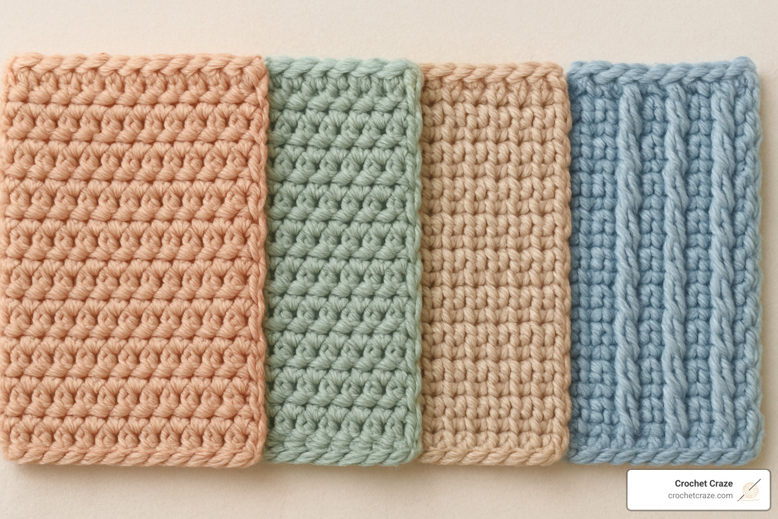 various crochet stitch swatches showing texture differences - Crochet stitches for hats