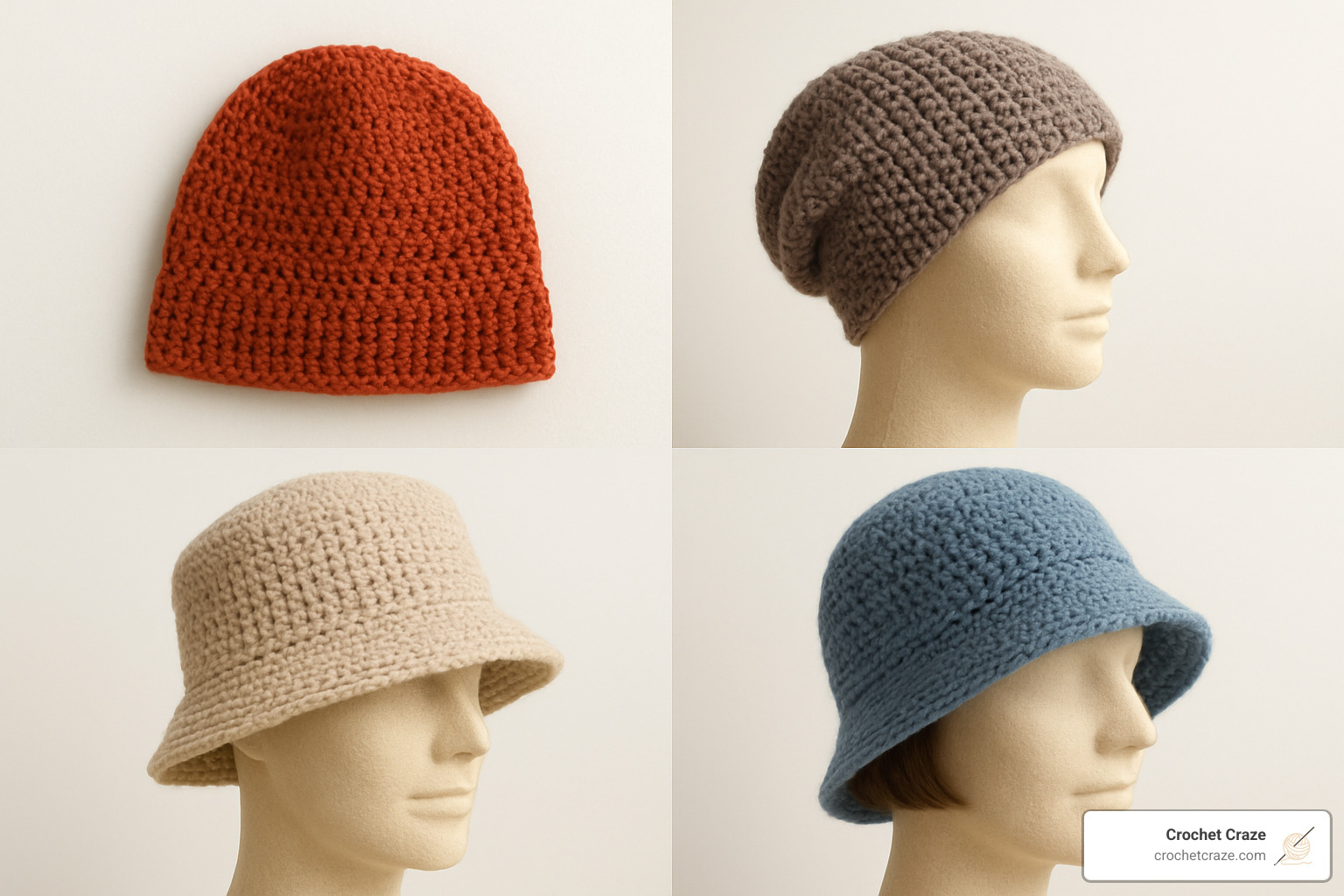 four different hat styles showing beanie, slouchy, bucket, and cloche designs - Crochet stitches for hats