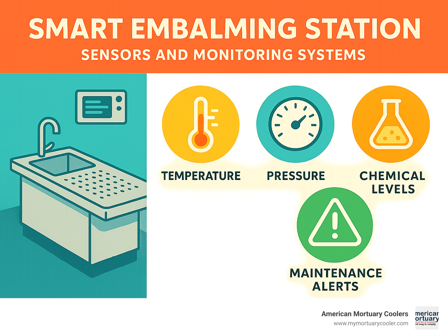 Smart embalming station sensors and monitoring systems infographic showing temperature, pressure, chemical levels, and maintenance alerts - embalming station infographic 