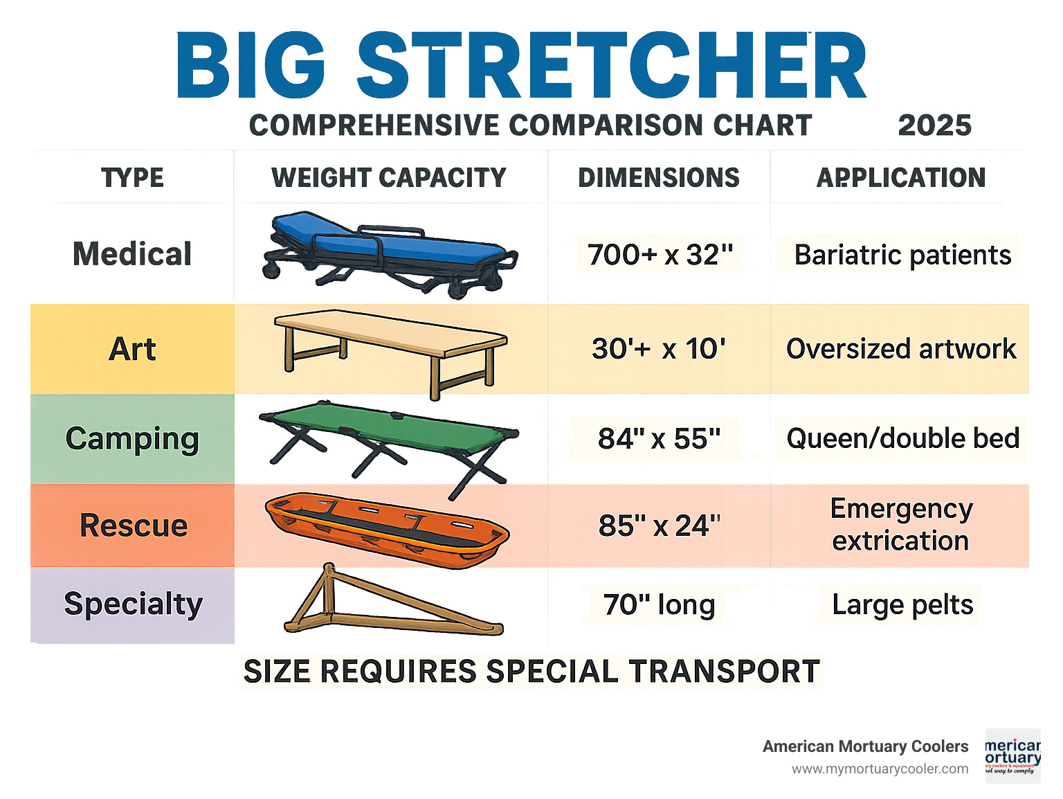 Comprehensive comparison chart showing big stretcher types, weight capacities, dimensions, and applications across medical, art, camping, rescue, and specialty categories with size requirements and transport considerations - big stretcher infographic 
