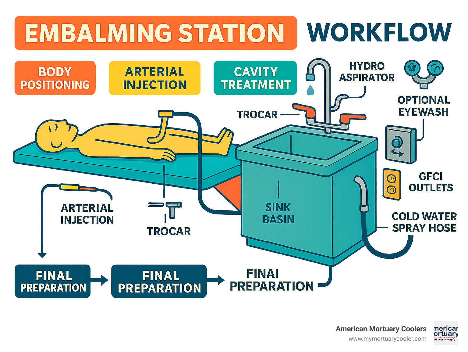 Comprehensive infographic showing embalming station workflow from body positioning through arterial injection, cavity treatment, and final preparation stages with labeled components and safety features - embalming station infographic 