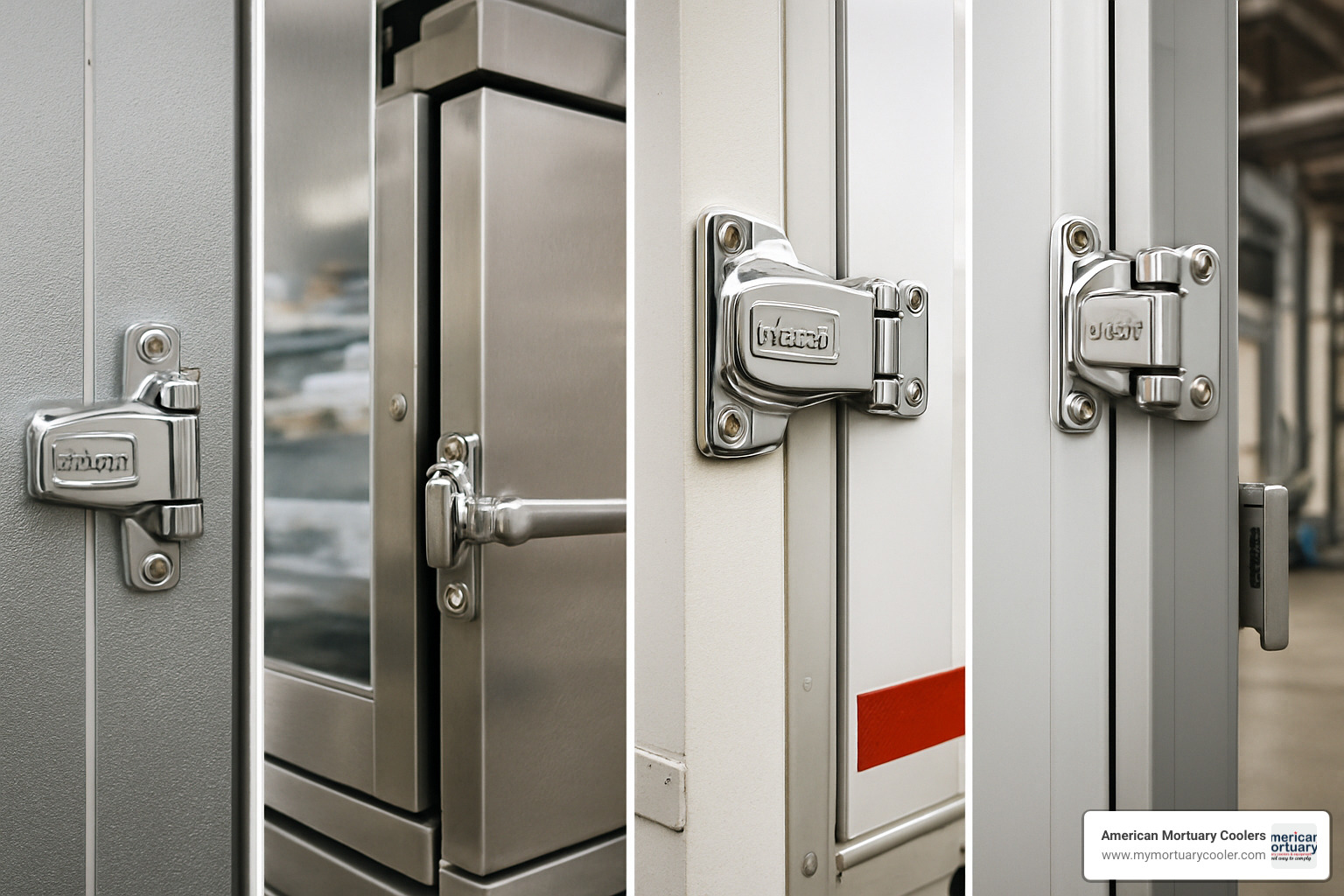Multi-industry applications showing Kason hinges installed on walk-in coolers, reach-in refrigerators, food service cabinets, truck body doors, and industrial enclosures - kason hinges