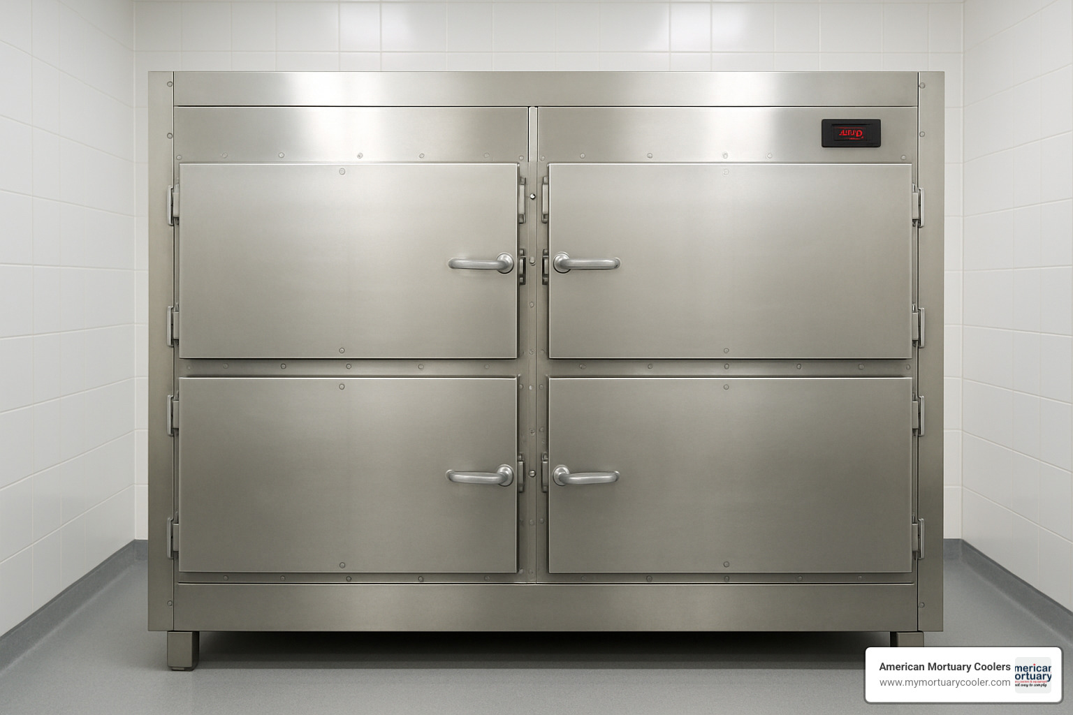 4-body upright mortuary cooler unit showing cam-lock panels and digital controls - body-cooler-