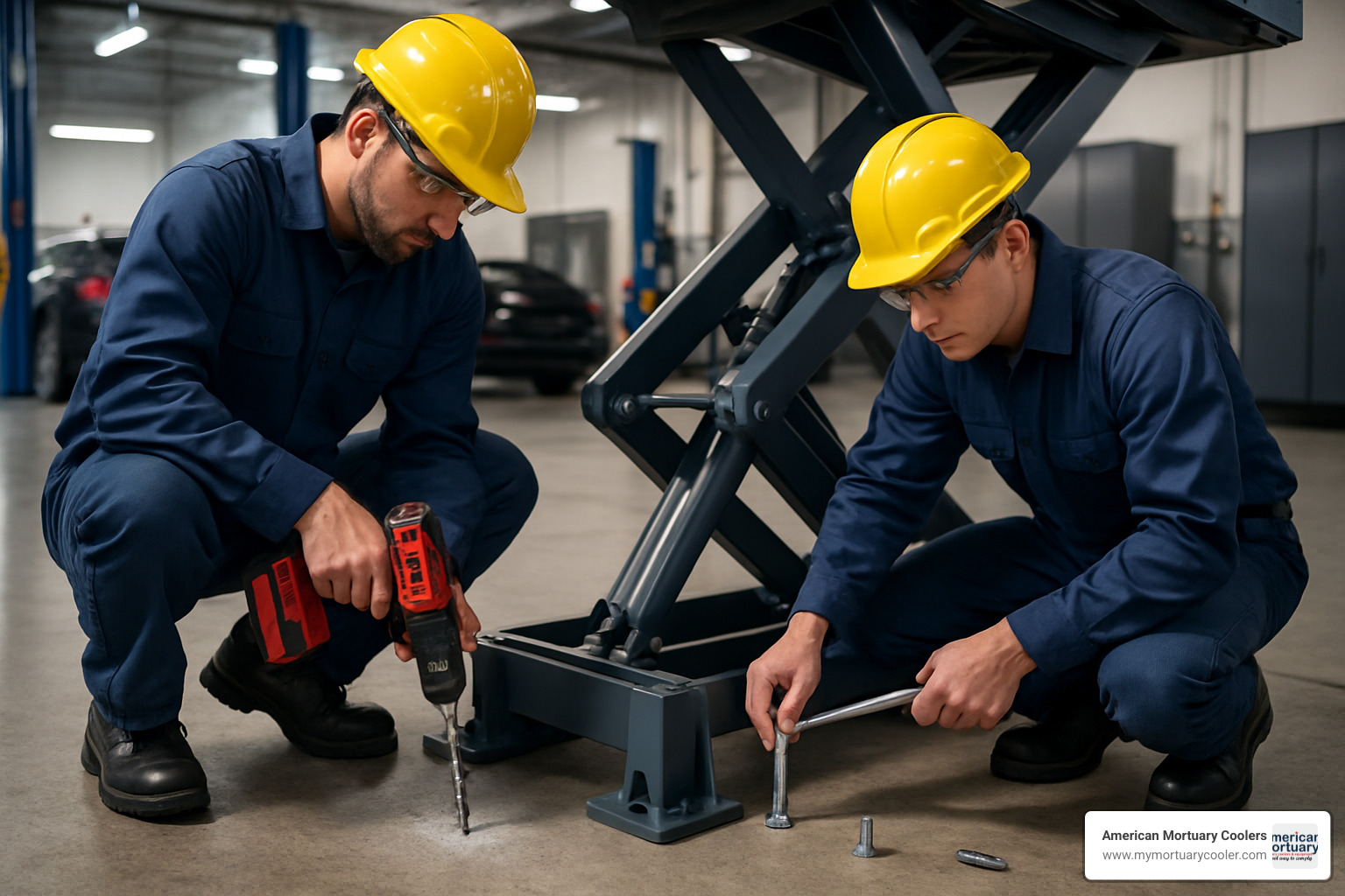 technicians anchoring base frame of auto scissor lift to concrete floor - auto scissor lift