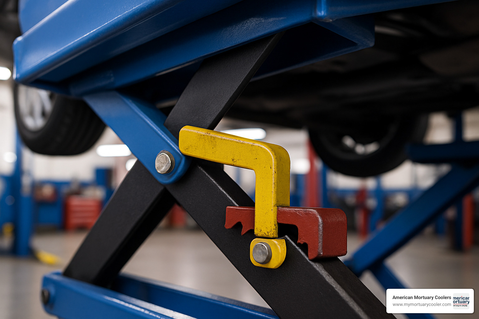 safety locking ladder bar engaged on auto scissor lift - auto scissor lift