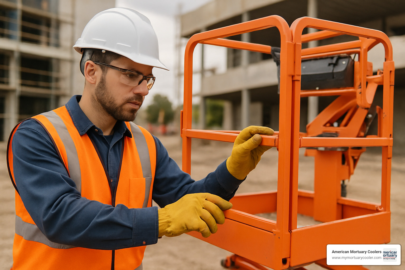 technician checking scissor lift guardrails and safety systems - scissors lift for sale