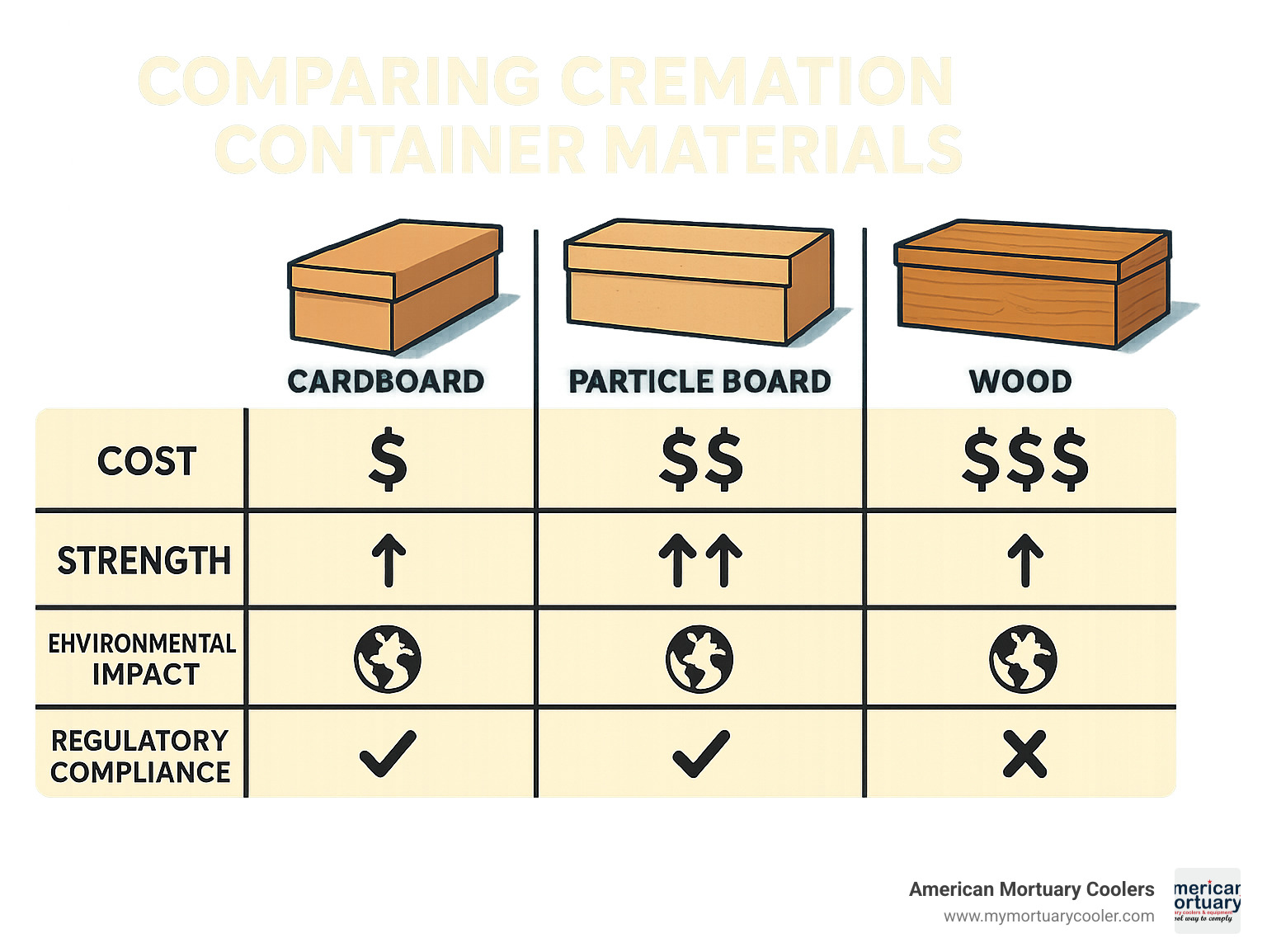 Comparison table showing cardboard versus particle board versus wood cremation containers across cost, strength, environmental impact, and regulatory compliance metrics - cardboard cremation boxes infographic 