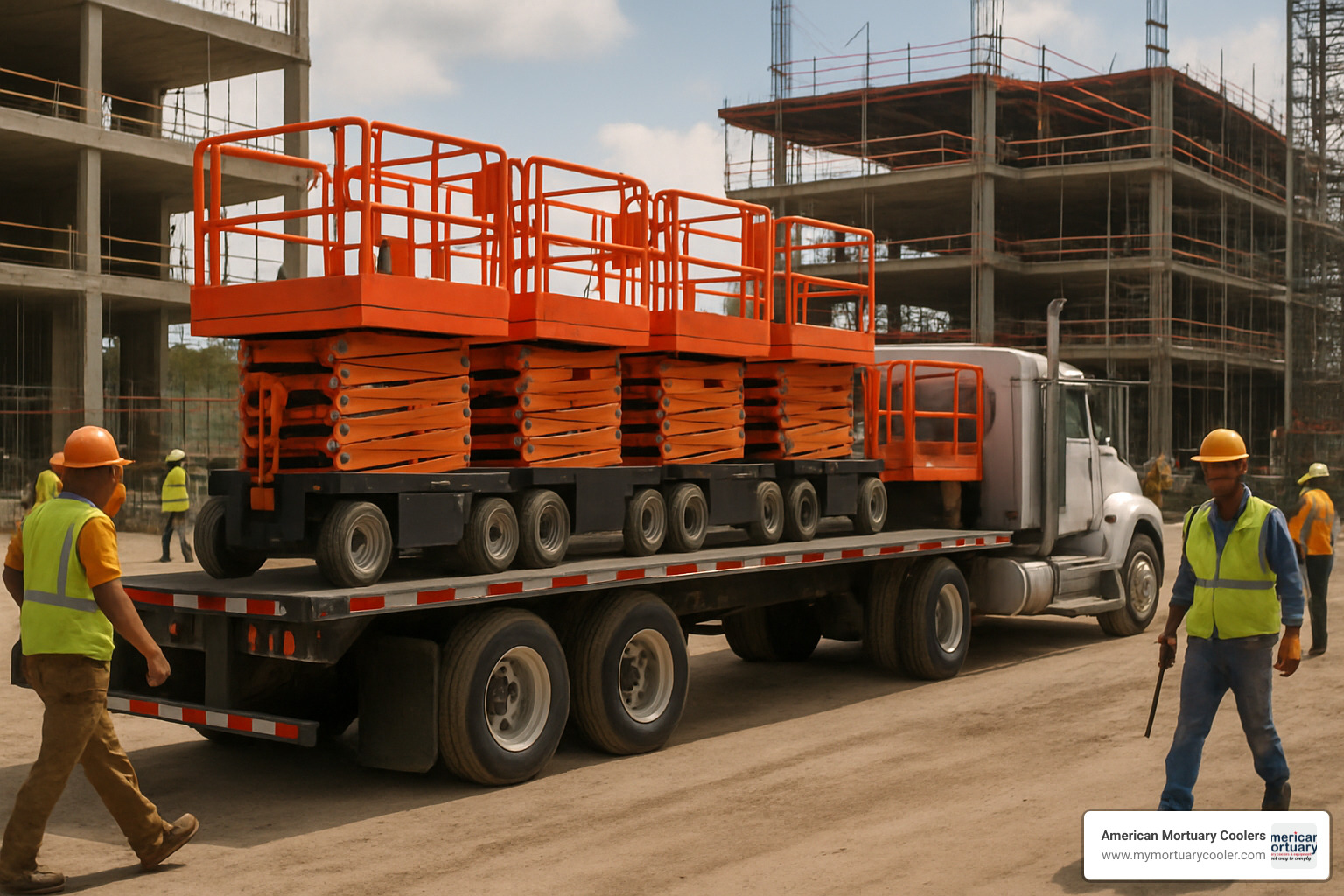 delivery truck loaded with scissor lifts arriving at construction site - scissor lifts rental near me