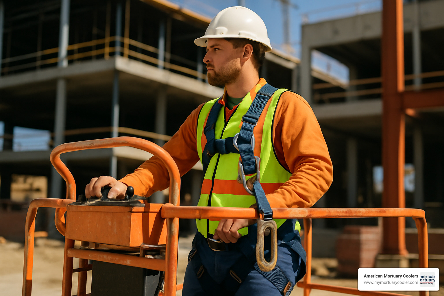 operator wearing safety harness while working on scissor lift platform - scissor lifts rental near me