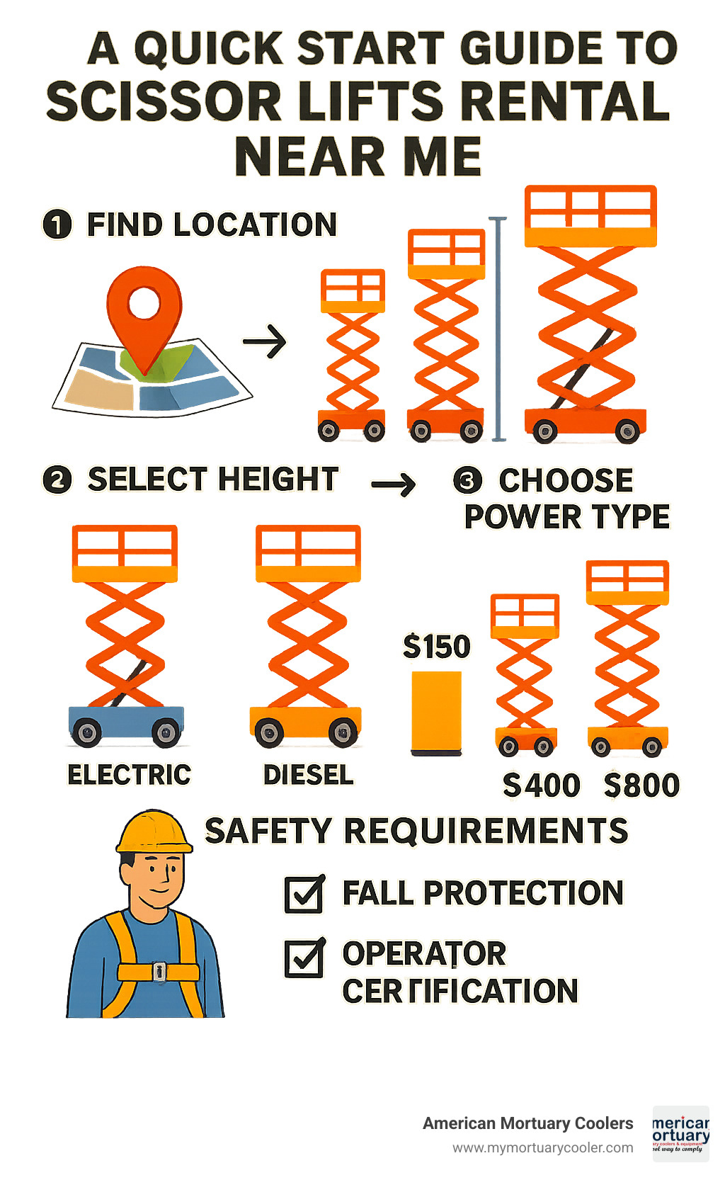 Infographic showing scissor lift rental workflow from location search through equipment delivery, including height selection guide, power type comparison between electric and diesel models, daily pricing ranges by lift size, and safety requirements checklist with fall protection and operator certification steps - scissor lifts rental near me infographic 