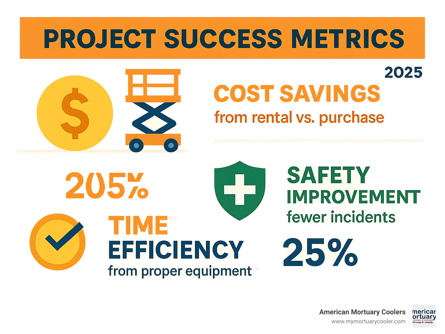 Infographic showing project success metrics including cost savings from rental vs purchase, safety improvement statistics, and time efficiency gains from proper equipment selection - scissor lifts rental near me infographic 