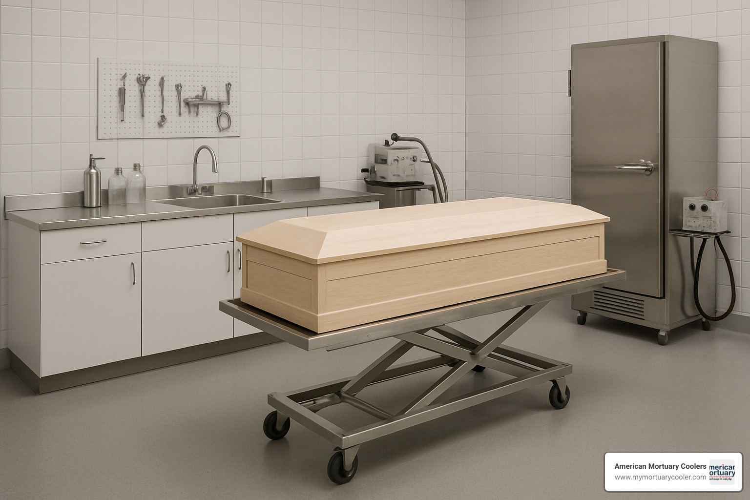 Professional mortuary equipment setup - air tray casket