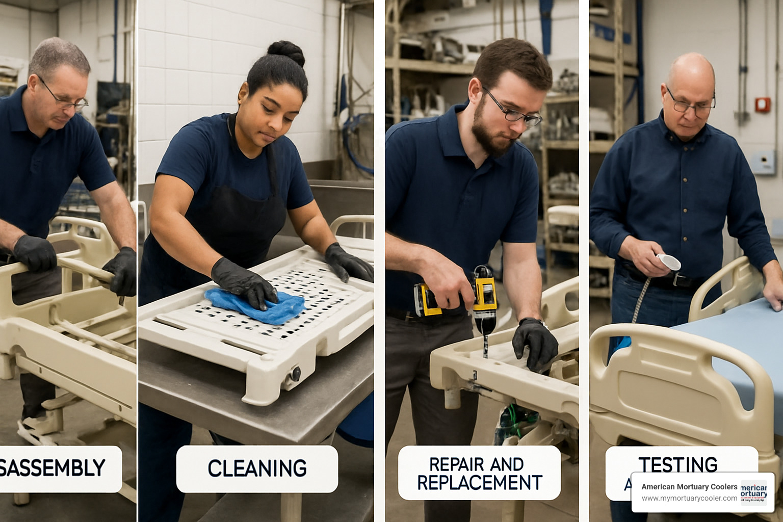 refurbishment workflow showing disassembly, cleaning, repair, and testing stages - hill rom bed