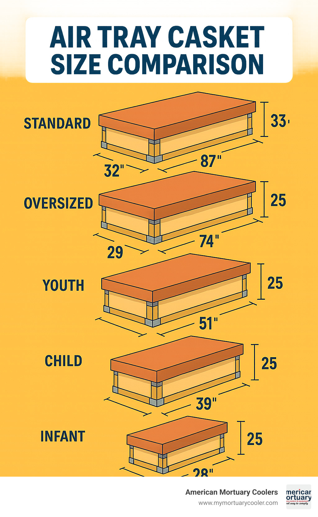 Air tray casket size comparison showing standard, oversized, youth, child, and infant dimensions - air tray casket infographic 