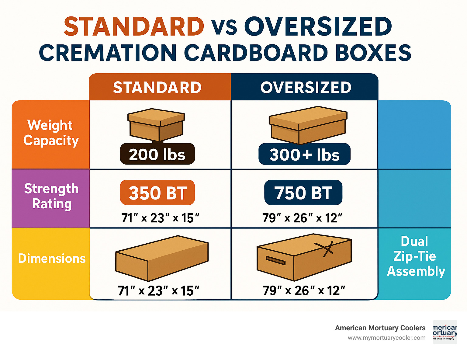Infographic comparing standard vs oversized cremation cardboard boxes showing weight capacity differences (200 lbs vs 300+ lbs), strength ratings (350 BT vs 750 BT), dimensions, and reinforcement features like wood strips and dual zip-tie assembly - cremation cardboard box infographic 