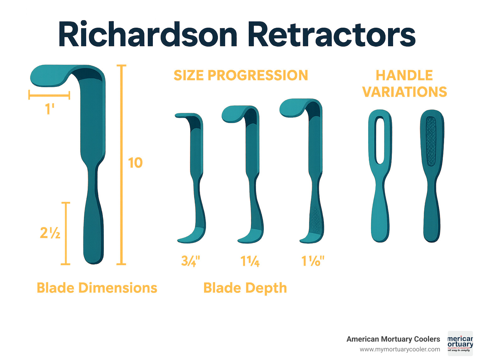 Detailed infographic showing Richardson retractor blade dimensions, size progression, and handle variations with measurement specifications - richardson retractors infographic 