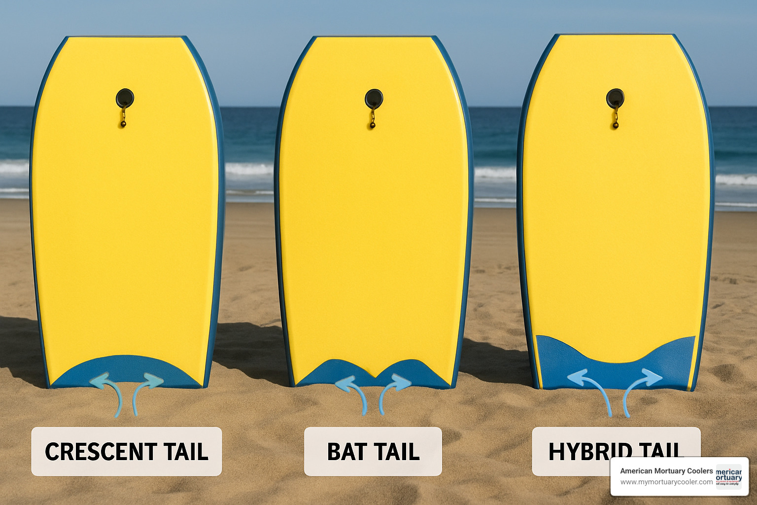 Comparison image showing different bodyboard tail shapes - crescent, bat, and hybrid designs with water flow patterns - body-board-