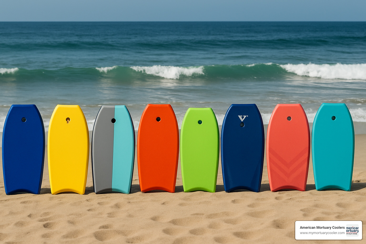 Image showing lineup of different bodyboard models arranged on beach with waves in background - body-board-