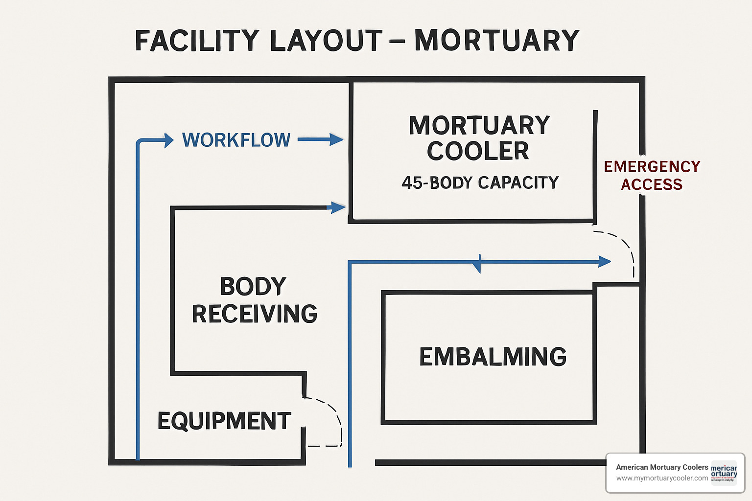 Facility layout diagram showing optimal placement of 45-body mortuary cooler system with workflow paths, emergency access, and support equipment positioning - 45-mortuary-coolers