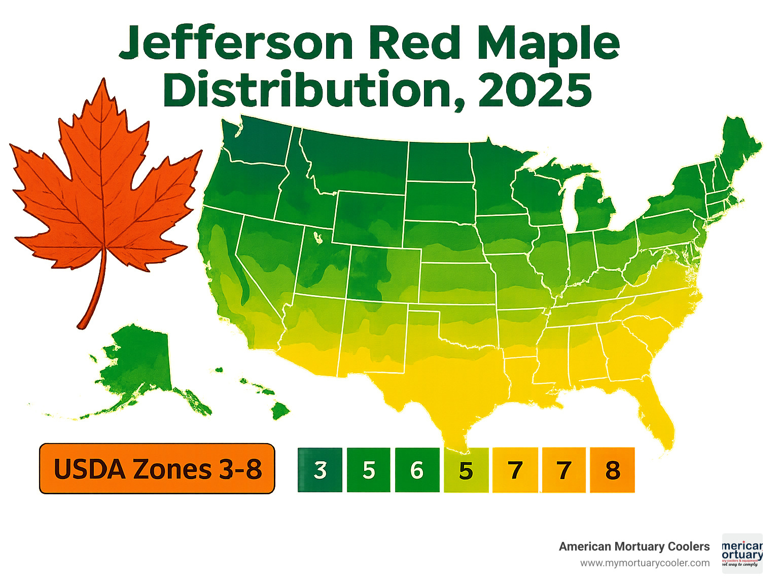 Jefferson Red Maple distribution map showing USDA zones 3-8 coverage across the United States - maple jefferson infographic 