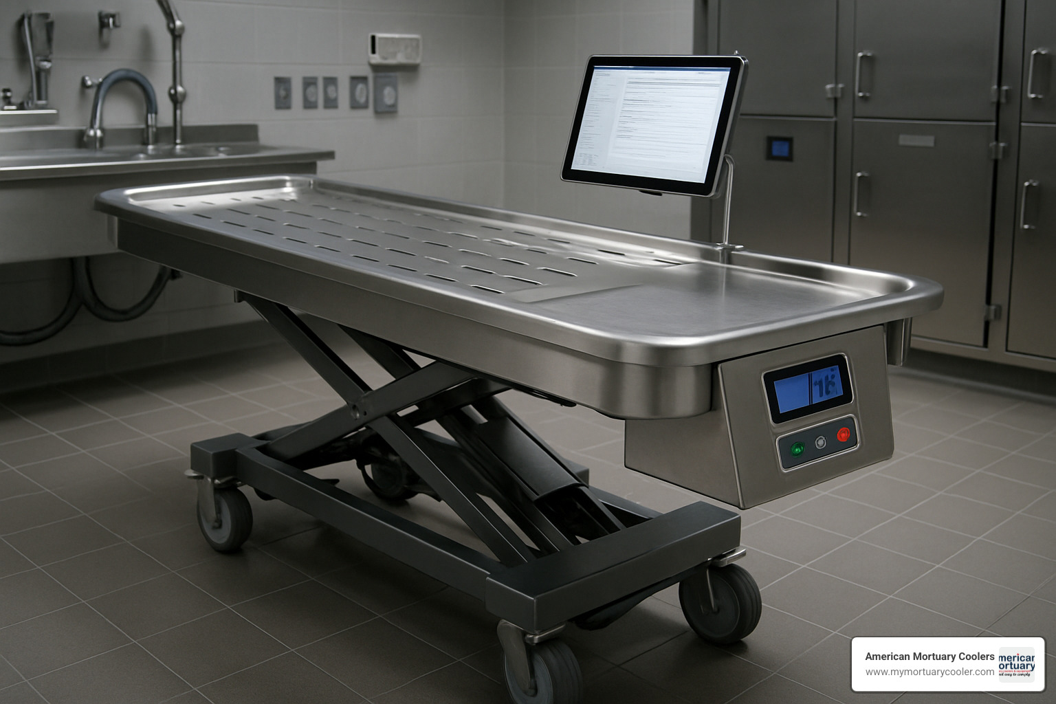Advanced autopsy cart with integrated digital scale, tablet mount, and powered lift mechanism - autopsy-cart