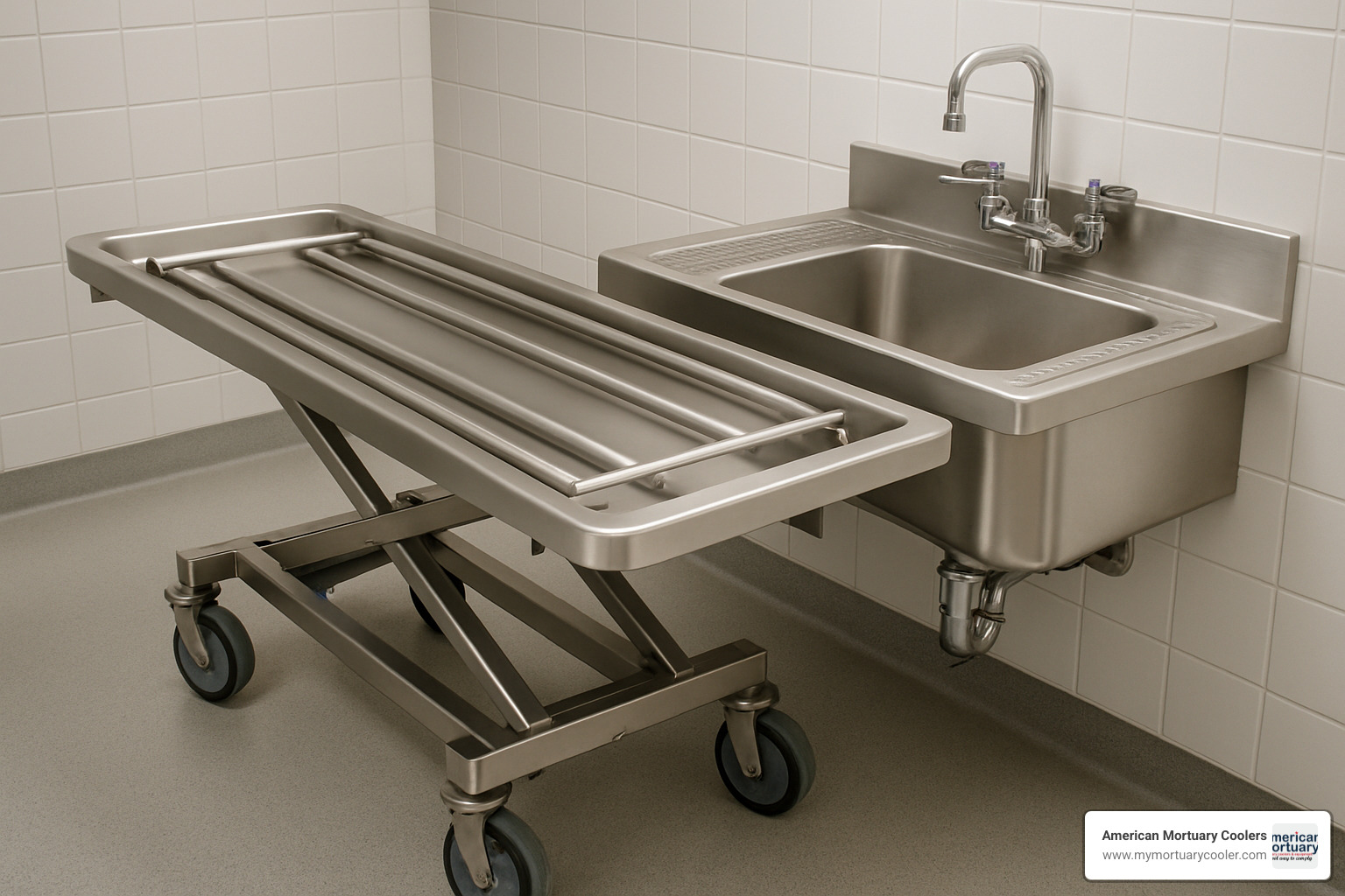 Autopsy cart positioned over wall-mounted sink showing proper docking alignment and tray integration - autopsy-cart
