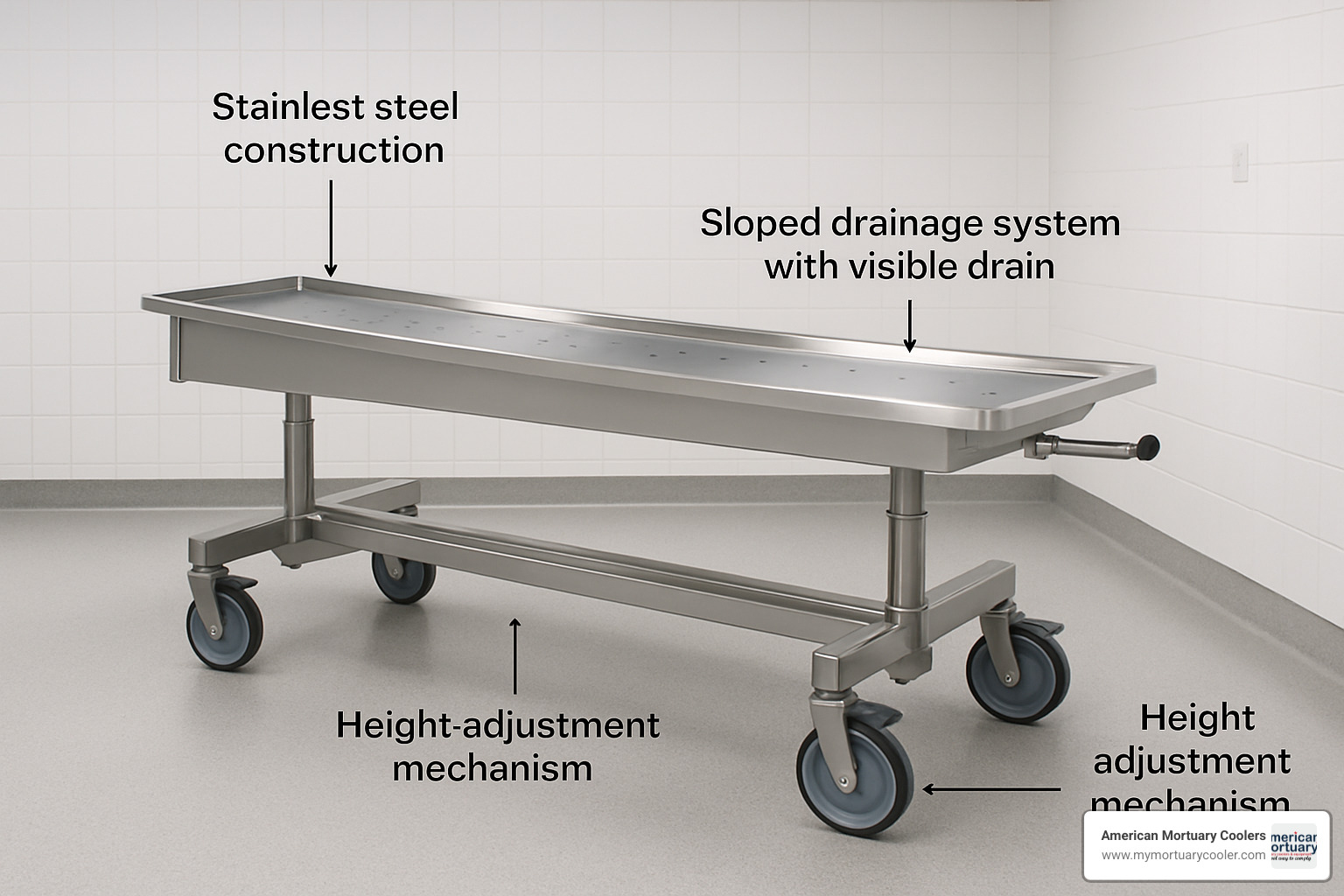 Modern autopsy cart showing labeled components including stainless steel construction, drainage system, caster wheels, and height adjustment mechanisms - autopsy-cart