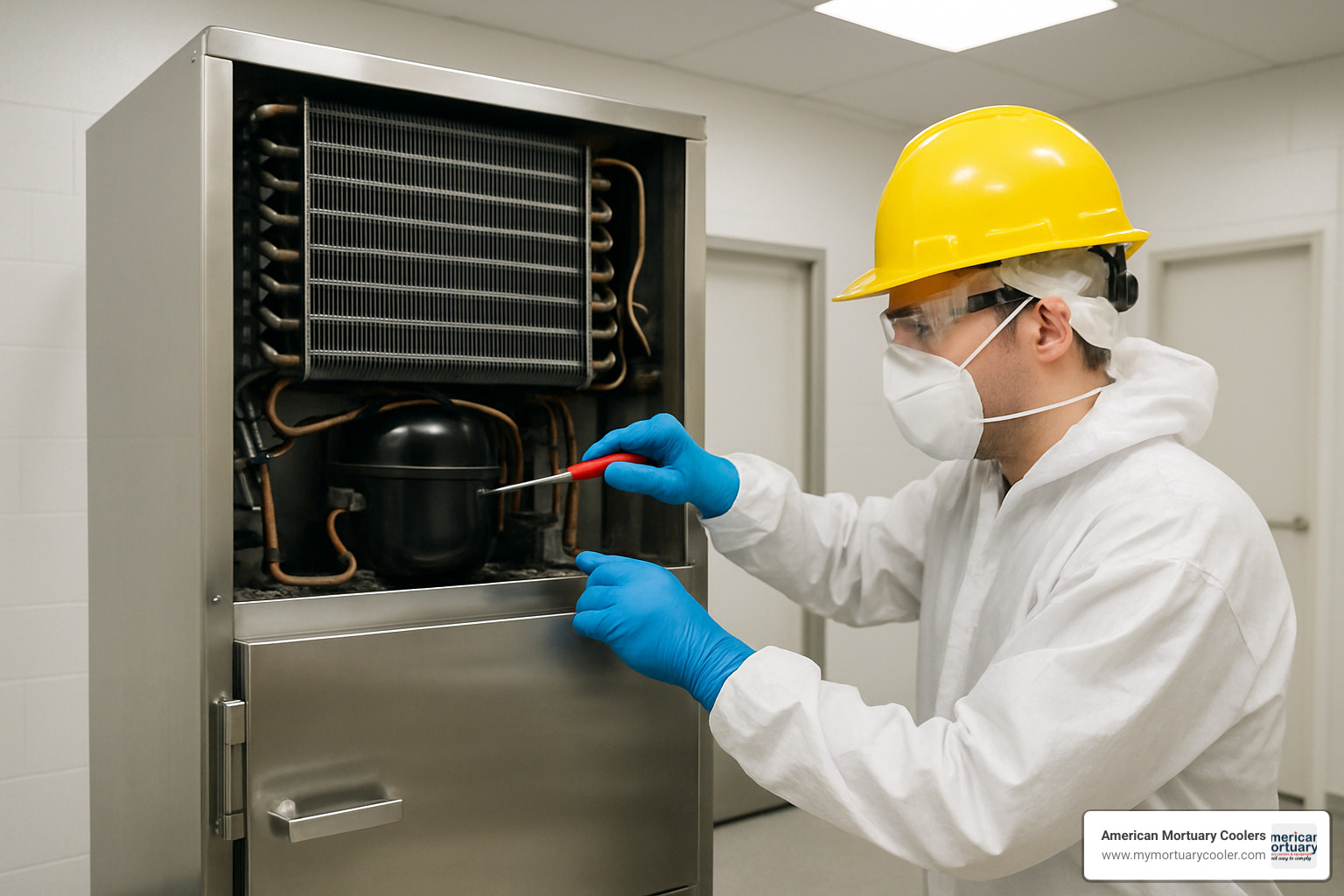 Technician performing routine maintenance on mortuary freezer coils and compressor system - Mortury Freezer