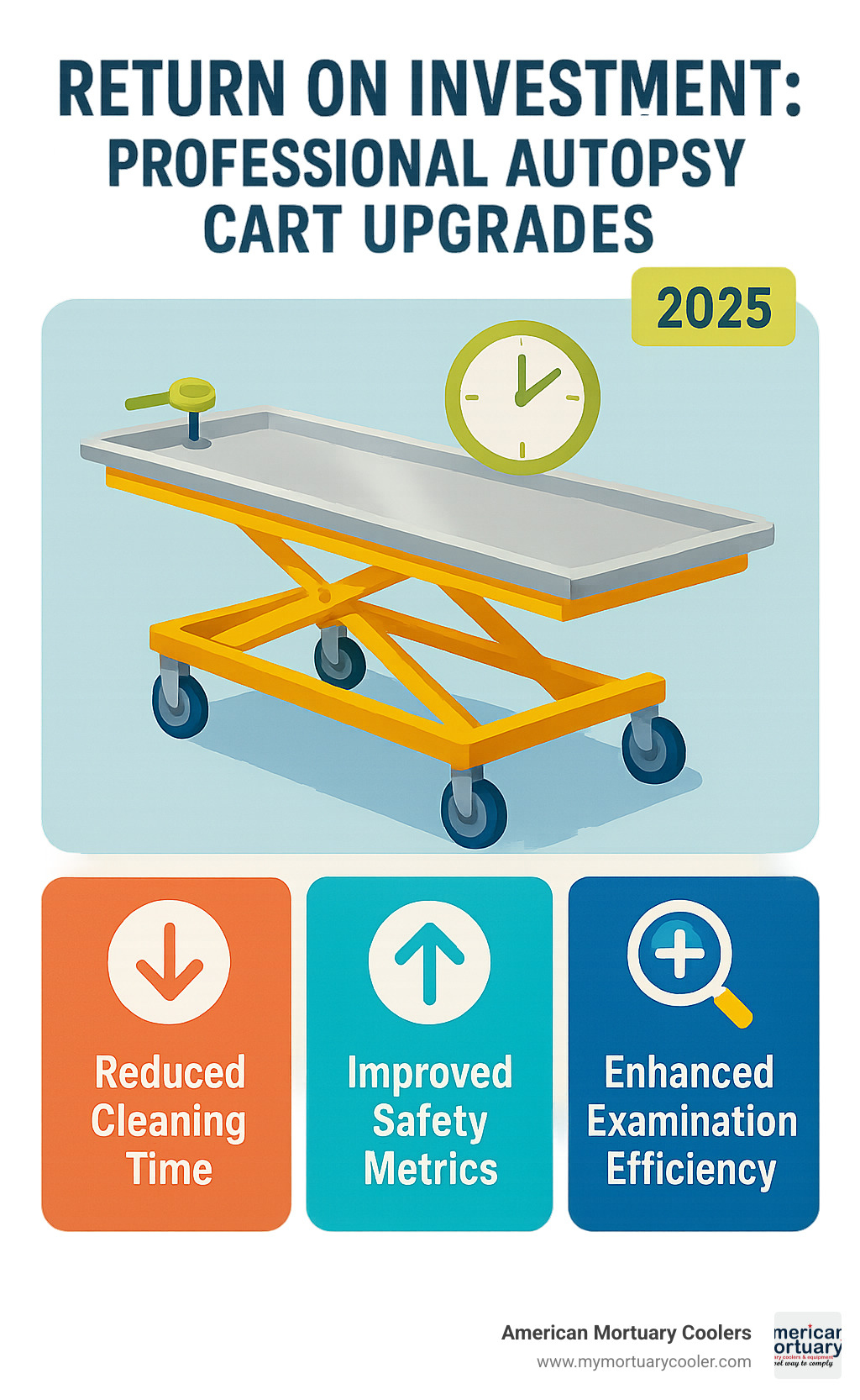 Infographic showing return on investment calculations for professional autopsy cart upgrades, including reduced cleaning time, improved safety metrics, and improved examination efficiency - autopsy-cart infographic 