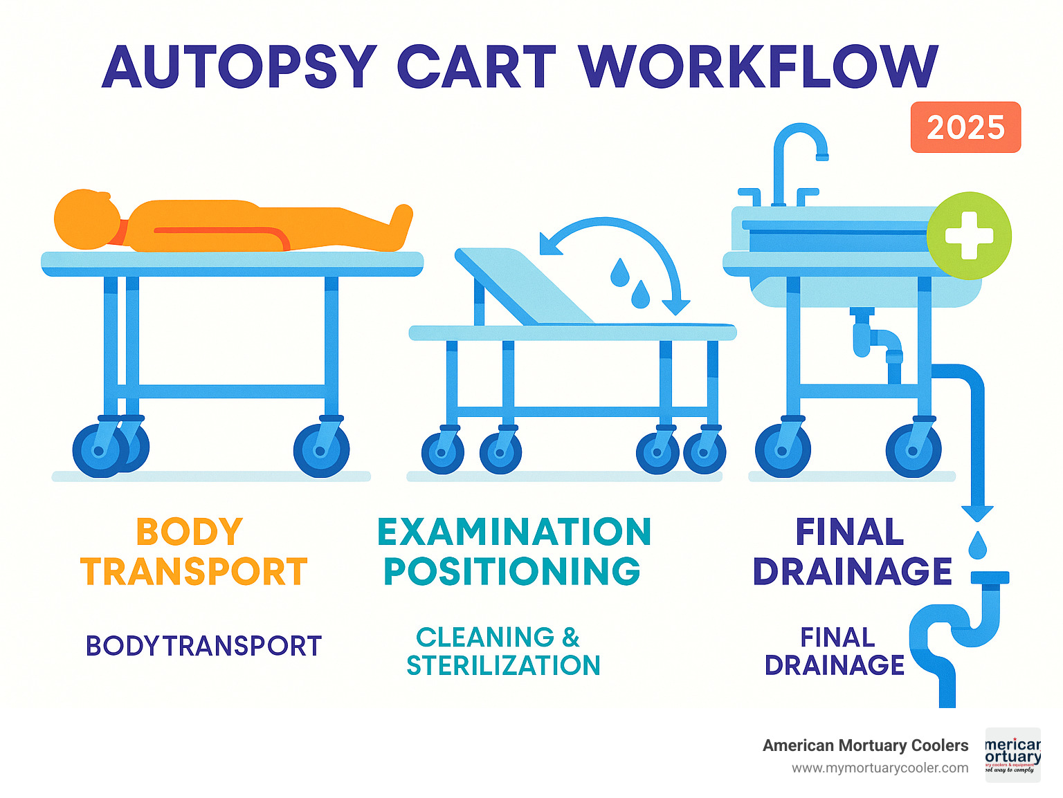 Infographic showing autopsy cart workflow from body transport through examination positioning to final cleaning and sterilization, including fluid drainage pathways, caster mobility features, and integration with morgue sinks - autopsy-cart infographic 