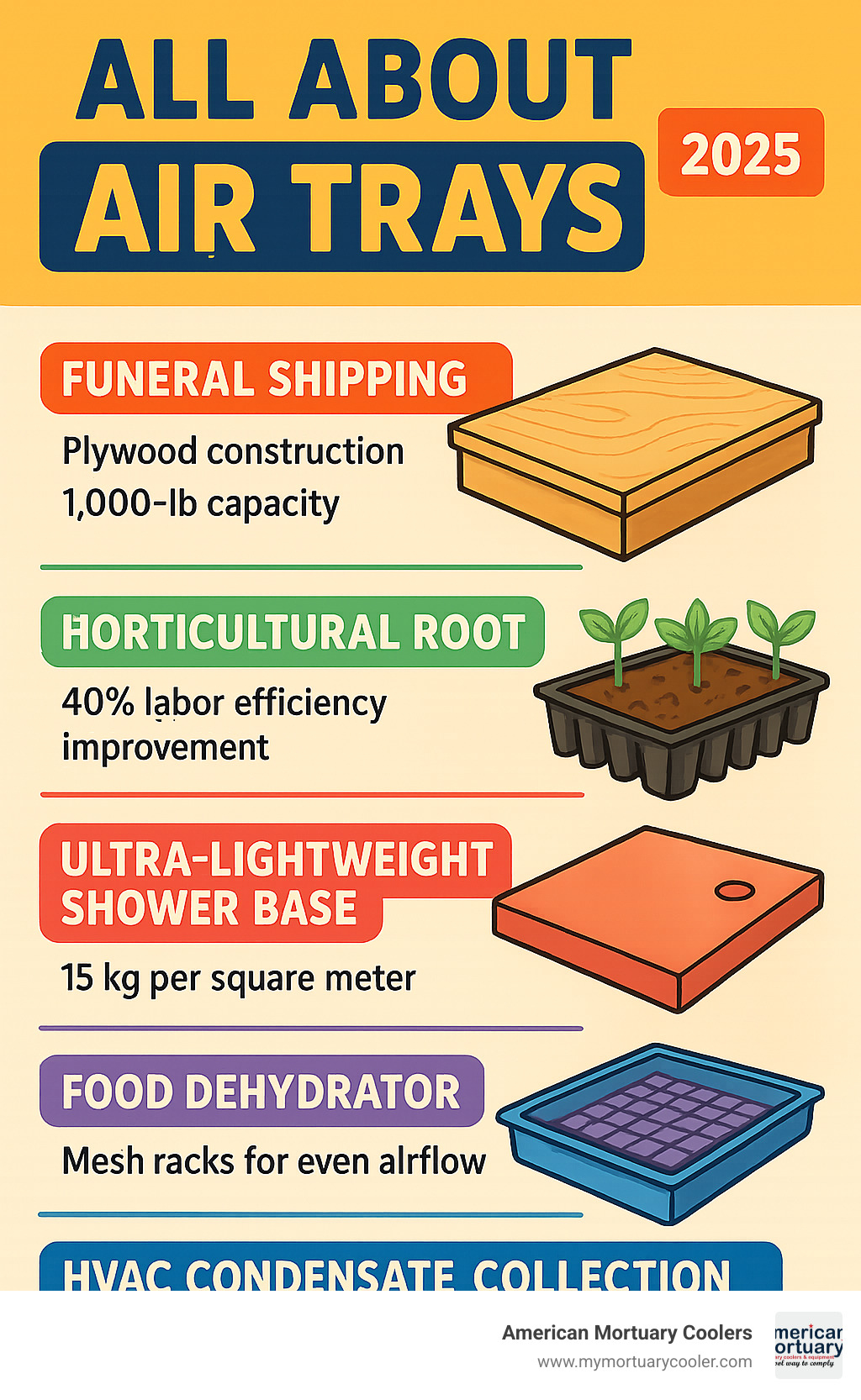 Comprehensive air tray comparison infographic showing funeral shipping air trays with plywood construction and 1000-lb capacity, horticultural root air-pruning trays with 40% labor efficiency improvement, ultra-lightweight shower bases at 15 kg per square meter, food dehydrator mesh racks for even airflow, and HVAC condensate collection trays with polymer construction - air tray infographic 