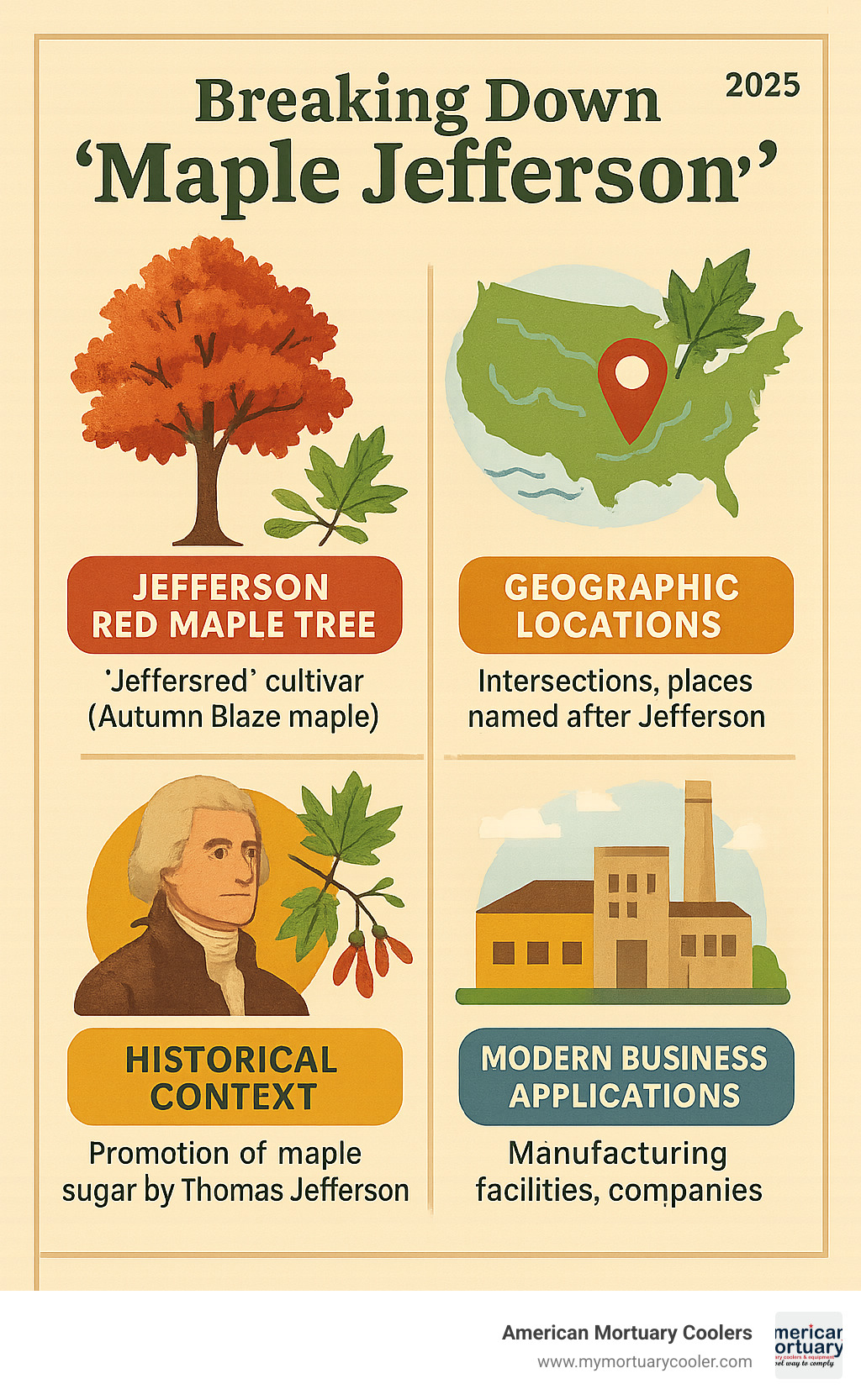 Comprehensive breakdown of maple jefferson references including tree varieties, geographic locations, historical significance, and modern business applications with visual location markers and botanical illustrations - maple jefferson infographic 