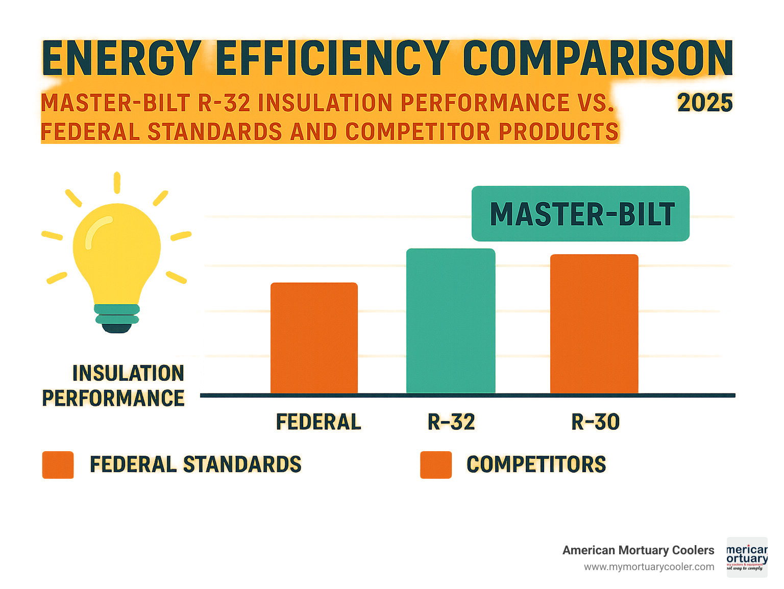 Energy efficiency comparison showing Master-Bilt R-32 insulation performance versus federal standards and competitor products - Master-Bilt infographic