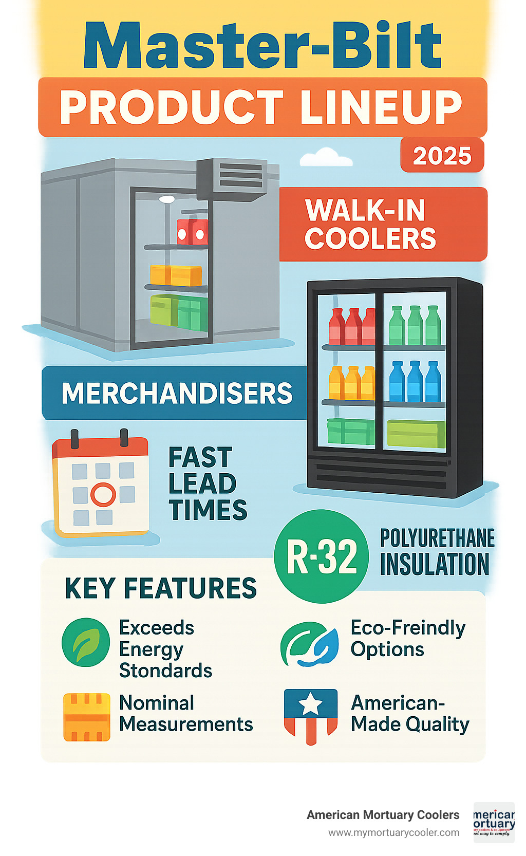 Comprehensive Master-Bilt product lineup showing walk-in coolers, merchandisers, lead times, insulation ratings, and key features for different commercial applications - Master-Bilt infographic