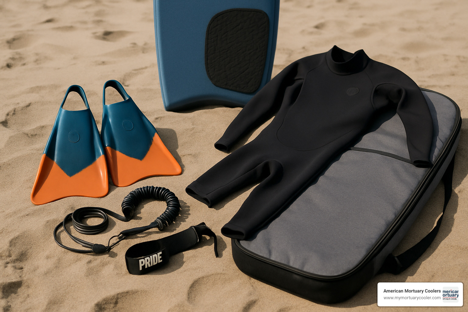 Image showing essential bodyboarding accessories including fins, leash, wetsuit, and board bag - board bodyboard