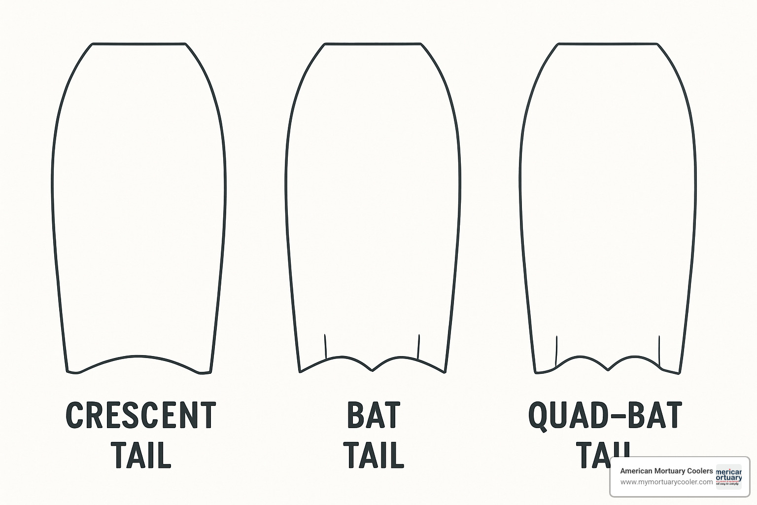 Detailed image showing different bodyboard tail shapes including crescent, bat tail, and quad-bat designs - board bodyboard