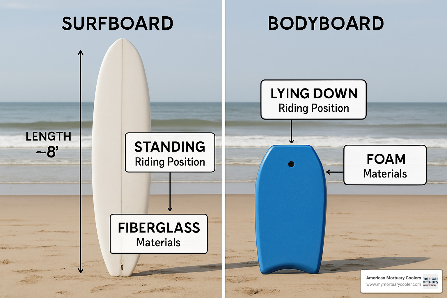 Comparison image showing surfboard vs bodyboard side-by-side with key differences highlighted - board bodyboard