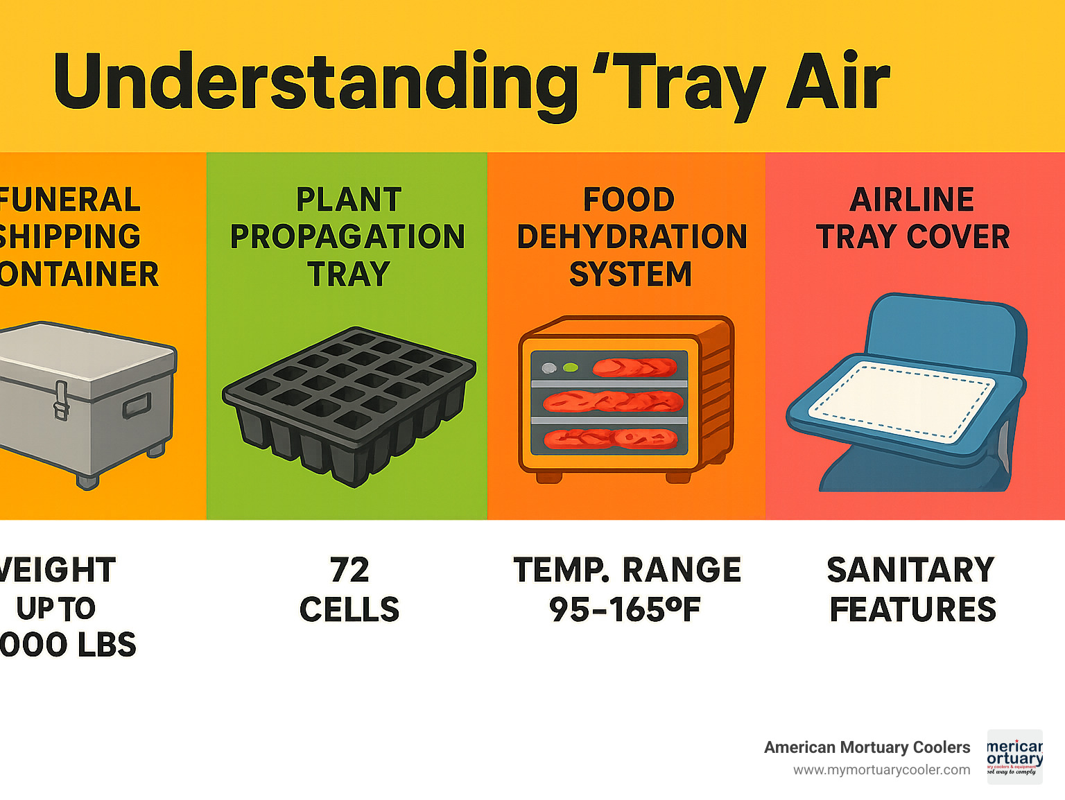 Comprehensive comparison chart showing different tray air applications including funeral shipping containers with weight ratings, plant propagation trays with cell counts, food dehydration systems with temperature ranges, and airline tray covers with sanitary features - tray air infographic 