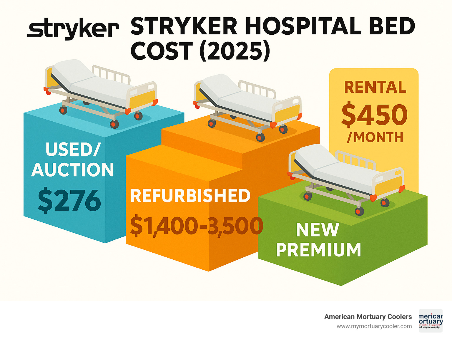 Infographic showing price comparison ladder from used auction beds at $276 rising through refurbished options at $1,400-$3,500 to new premium models at $8,500, with rental option at $450 monthly highlighted separately - stryker hospital bed cost infographic 
