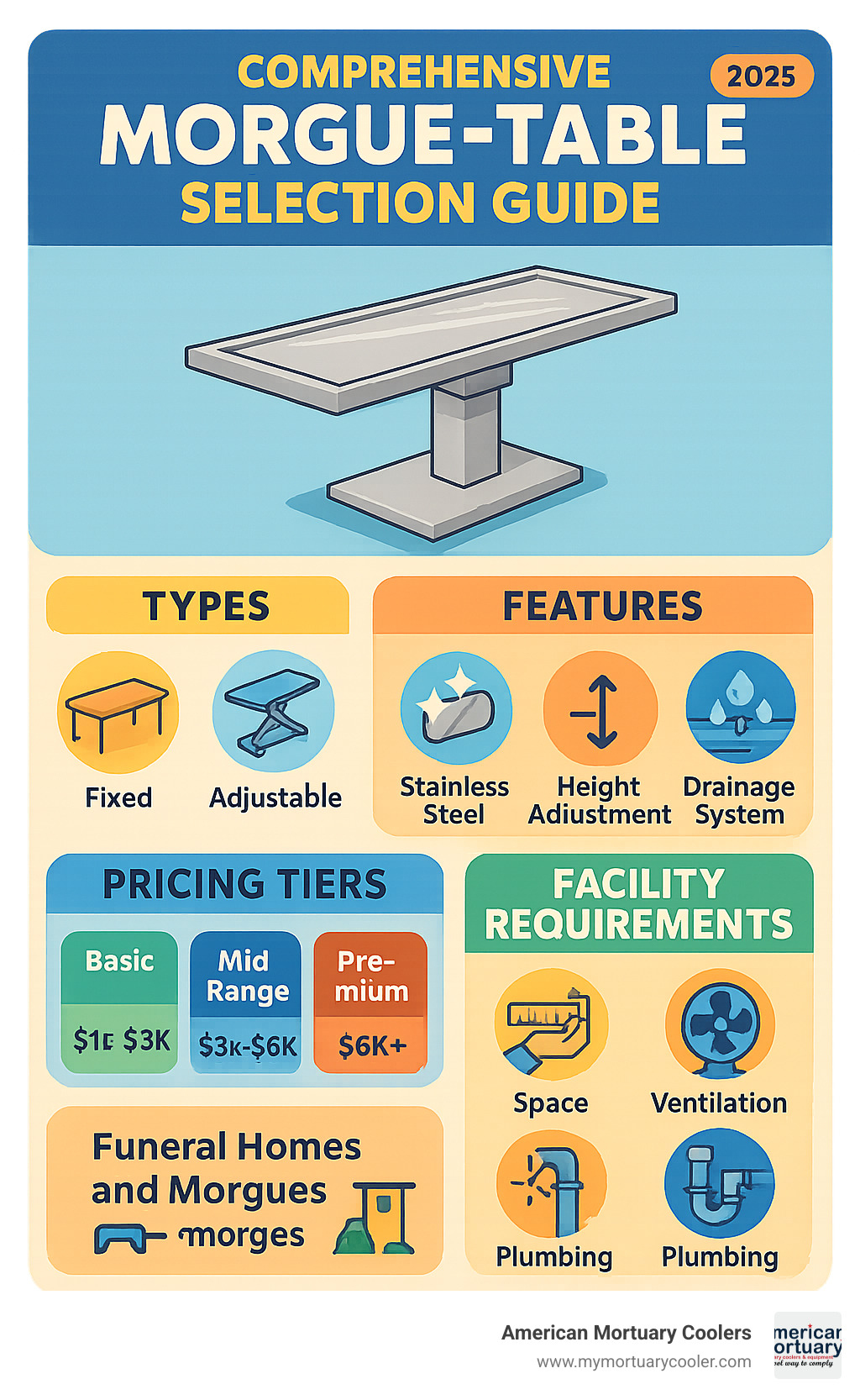 Comprehensive morgue-table selection guide showing types, features, pricing tiers, and facility requirements for funeral homes and morgues - morgue-table infographic 